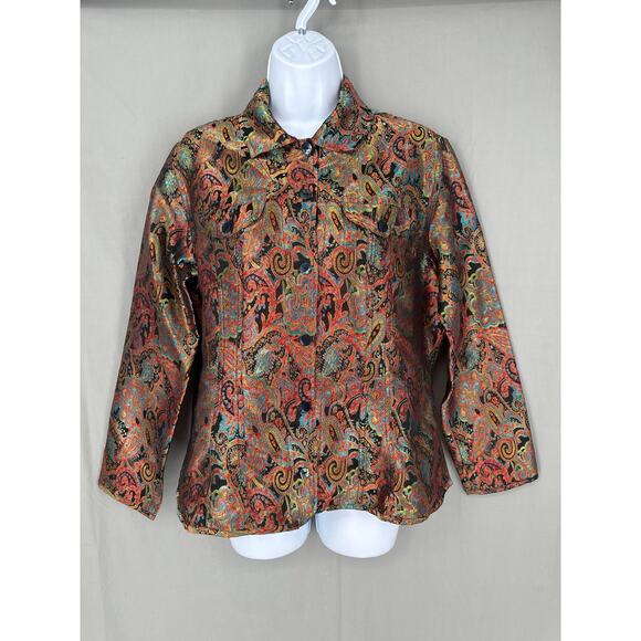 90s Vintage Jacket Womens Medium Black Paisley Colorful Tapestry Boho Button - Picture 1 of 9